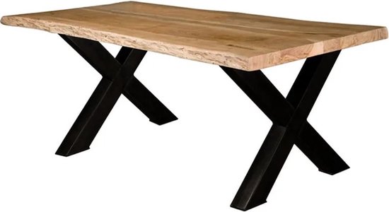 1x Table à manger en Acacia - Tronc d'arbre - Set de pieds en X - 200x100 cm - Laque laquée mat Skylt - 3,8 / 4 cm d'épaisseur.