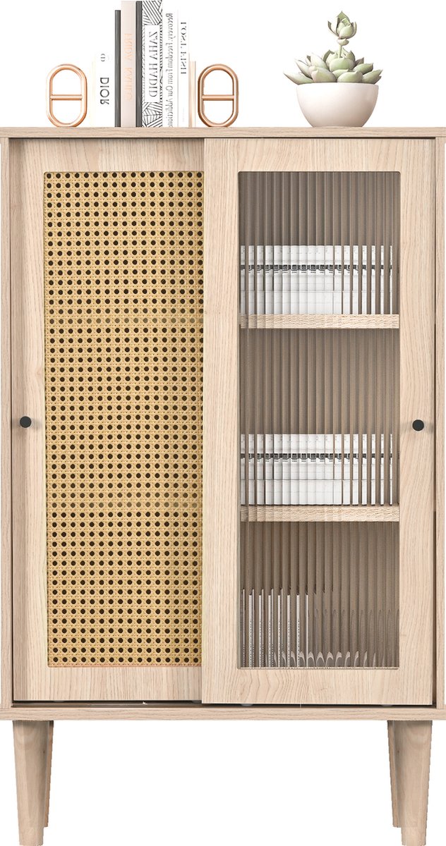 Merax Buffetkast met Rotan en Glazen Schuifdeuren - Dressoir - Vitrinekast - Kast met 6 Opbergvakken - Eikenhout Bruin