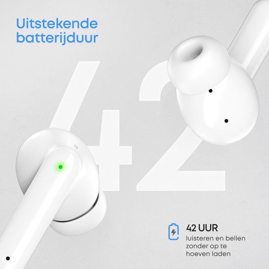 Twee witte oordopjes en een groot cijfer '42', met tekst '42 UUR luisteren en bellen zonder op te hoeven laden'.