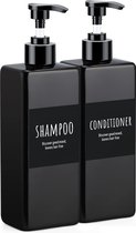 Set van 3 Pompflessen, 500 ML, zeep dispenser kunststof mat zwart en tekst, navulbare shampoo fles