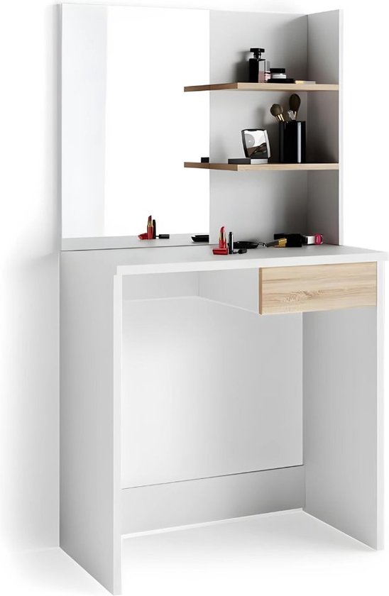 Makeup tafel, met grote spiegel, kaptafel, 2 laden, 3 open vakken