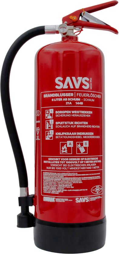 SAVS Brandblusser schuim 6 liter - 21A 144B - Met montagebeugel - Europese productie - Schuimblusser