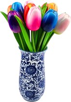 Delftsblauwe vaas met 10 tulpen in mix van kleuren (hoogte 34cm)