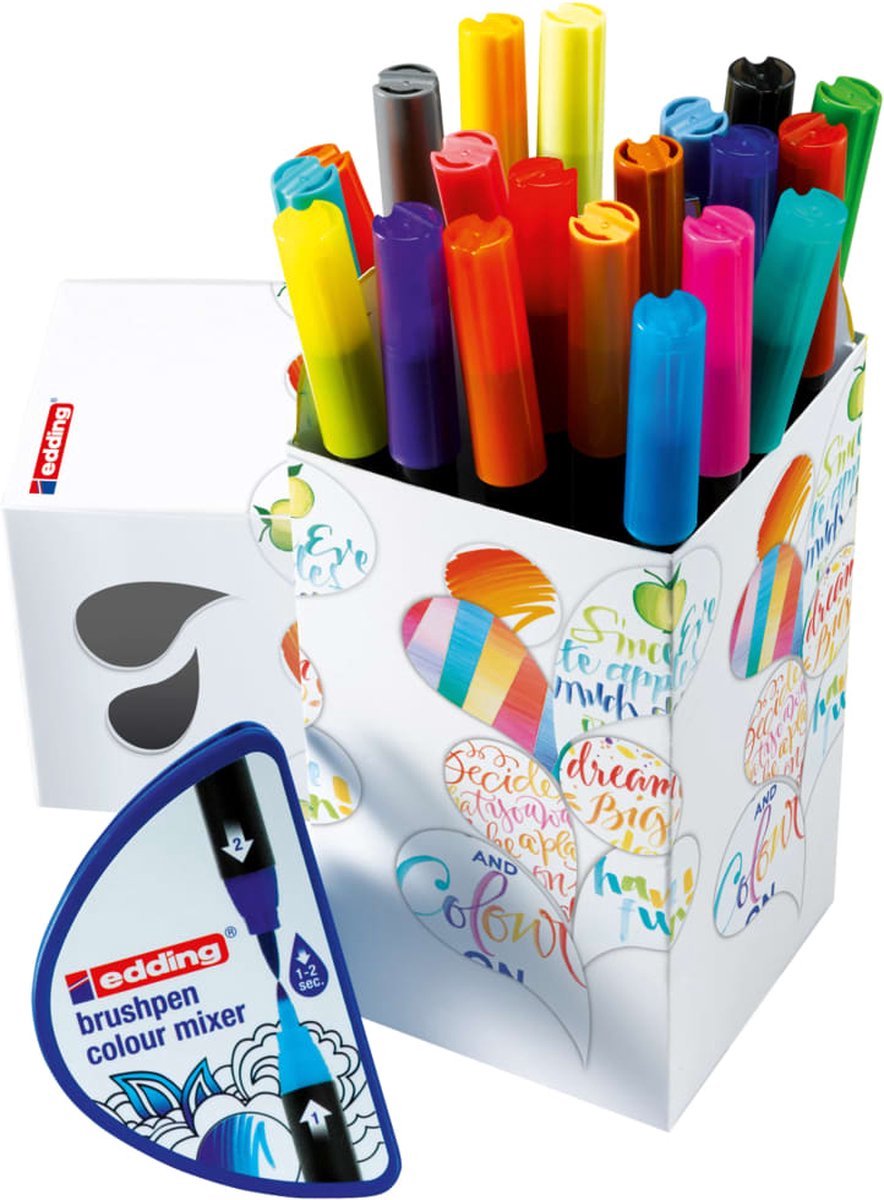 edding colour happy brushpennen assorti box - 20 brushpennen - flexibele penseelvorm - variabele punt - handige doos met 20 stuks brushpennen en een colourmixer — afbeelding 2