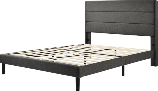 Merax Gestoffeerd Bed 140 x 200 cm - Bedframe met Lattenbodem & Hoofdeinde - Tweepersoonsbed - Donkergrijs
