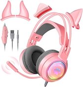 Leuke gamingheadset met microfoon voor laptop/pc/PS4/PS5/Xbox/Nintendo Switch, 3,5 mm bedrade USB-headset met kattenoren en RGB-verlichting voor kinderen/jongens/meisjes/volwassenen/vrouwen (roze)