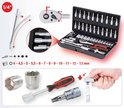 Onderdelen van een 48-delige KS Tools dopsleutelset: flexverlengstuk, ratel, dopsleutels en bits. Met illustraties van de gereedschappen.