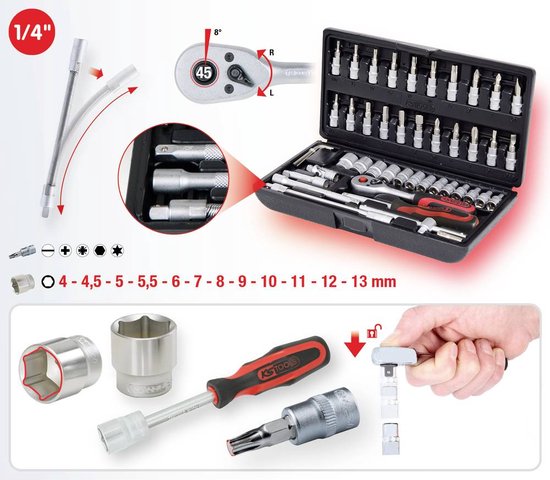 Onderdelen van een 48-delige KS Tools dopsleutelset: flexverlengstuk, ratel, dopsleutels en bits. Met illustraties van de gereedschappen.