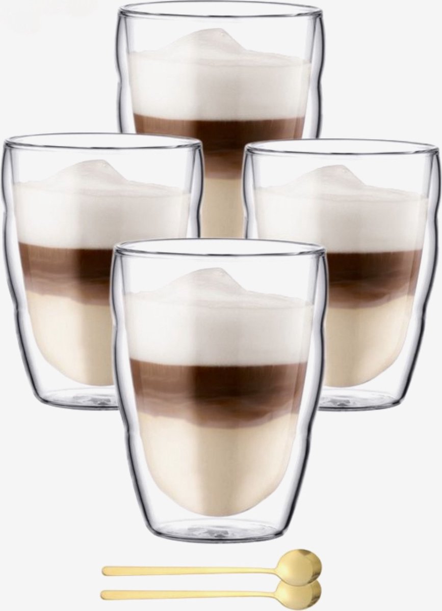 Dubbelwandige Koffieglazen 350ML Set van 4x Met Gratis 4x Lepels - Latte Macchiato Glazen - Set van 4 - Dubbelwandige Cappuccino Glazen - Dubbelwandige Theeglazen - Cappuccino Glazen - Koffieglazen