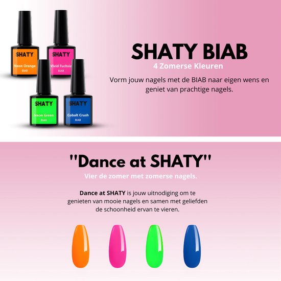 SHATY BIAB vier zomerse kleuren. Vier flessen en vier bijpassende nagels in oranje, fuchsia, groen en blauw. Tekst over "Dance at SHATY".