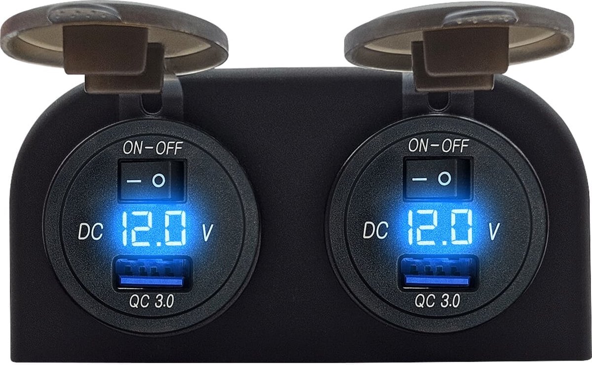 ProRide® 12V USB Stopcontact met Schakelaar/Voltmeter - 5V/2.4A - Tweevoudig Opbouw - USB Autolader, Boot en Camper - Blauw