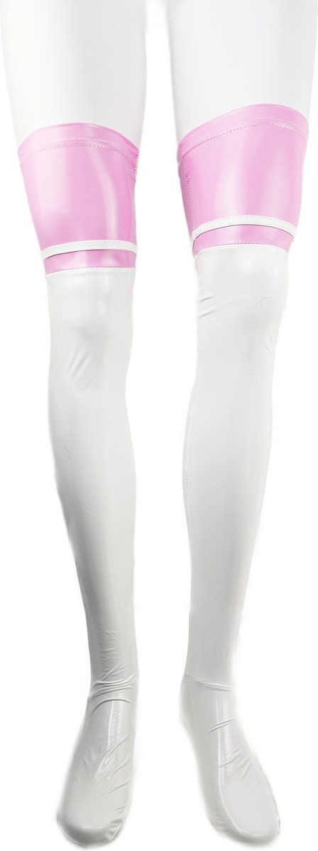 Goedkoopste BamBella® - Kousen - Onesize - Roze Wit Datex (Mix latex en stof ) - Sexy Kniekousen van Super Glans Fetish kleding bdsm Dames sokken