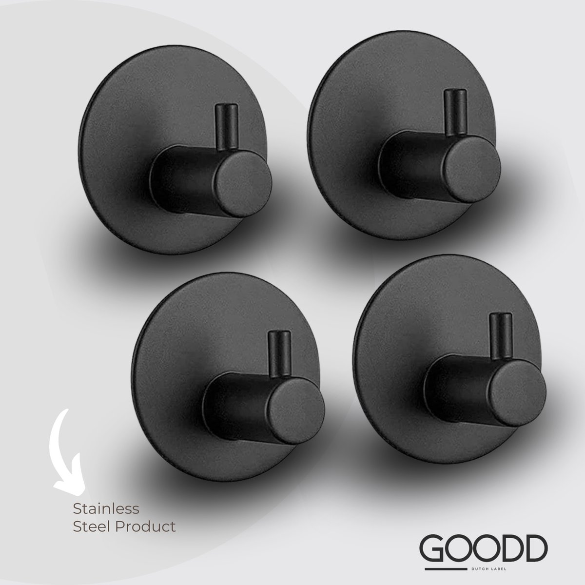 GOODD® Vertou - Handdoekhaakjes - Rvs - Handdoekhouders - Zwart - 4 stuks - 3M plaksticker