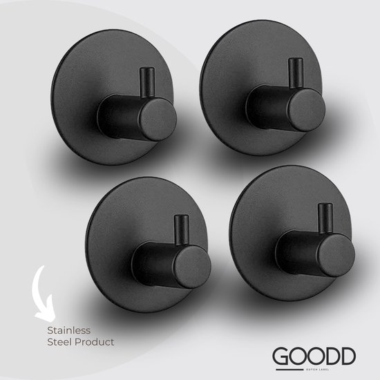 GOODD® Vertou - Handdoekhaakjes - Rvs - Handdoekhouders - Zwart - 4 stuks - 3M plaksticker