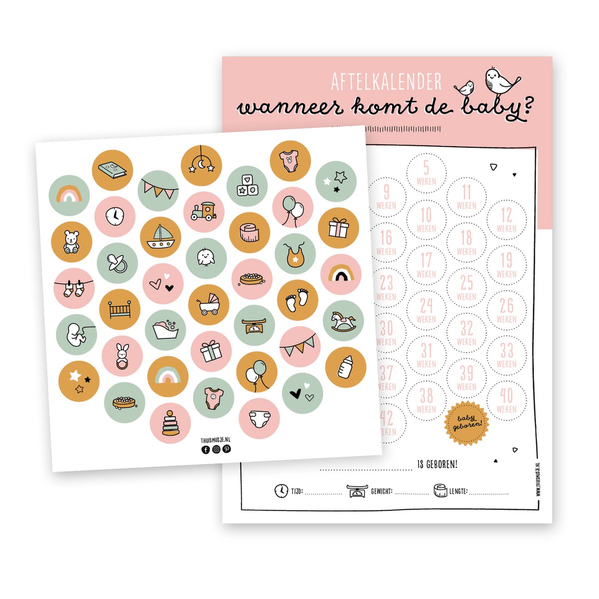 Zwangerschap aftelkalender A4 - Roze - Inclusief stickers - Thuismusje