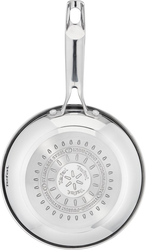 Onderkant van een roestvrijstalen steelpan met Tefal logo en inductieaanduiding.