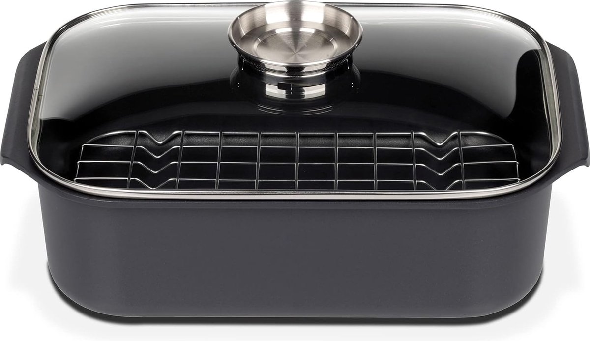 Rechthoekige braadpan voor fijnproevers met deksel van aromaglas en grillinzetstuk, gegoten aluminium, zwart,