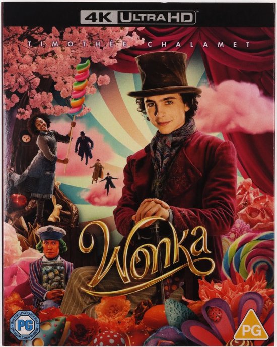 Voorcover van de Wonka 4K UHD Blu-ray. Timothée Chalamet als Willy Wonka, met een grote lolly en chocolade.