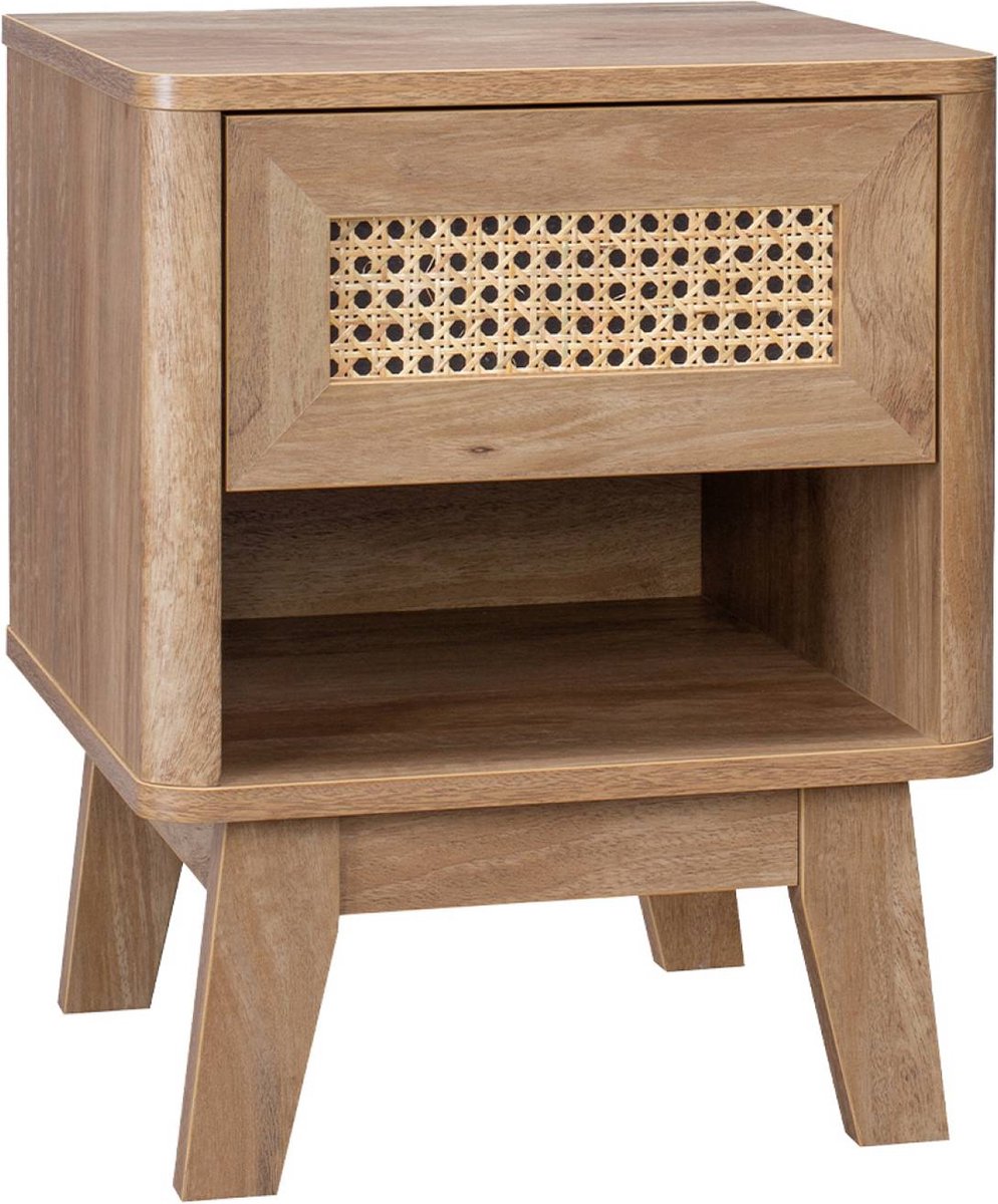 sweeek Nachtkastje met 1 lade en 1 vak, houtdecor en rieteffect, eucalyptuspoten Naturel