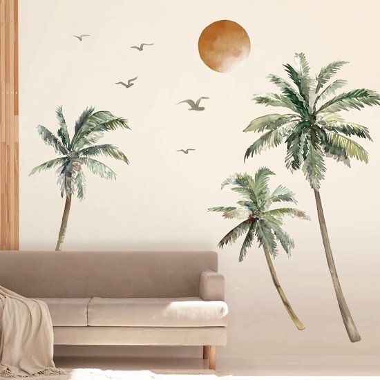 Autocollants muraux Boho palmier, grand arbre tropical, coucher de soleil, autocollants muraux à décoller et à coller pour salon, chambre à coucher, fond de télévision – 64 pouces – Design tropical