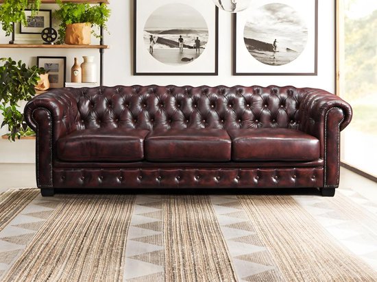 LINEA SOFA Vierzits chesterfieldbank BRENTON 100% buffelleer - Cherry L 240 cm x H 73 cm x D 99 cm