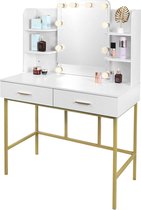 SureDeal® - Table de maquillage - Miroir avec Siècle des Lumières - 2 tiroirs - 90x45x136 cm - Or - Lampes LED - Coiffeuse - Organisateur - Bureau - Cadeau pour femme
