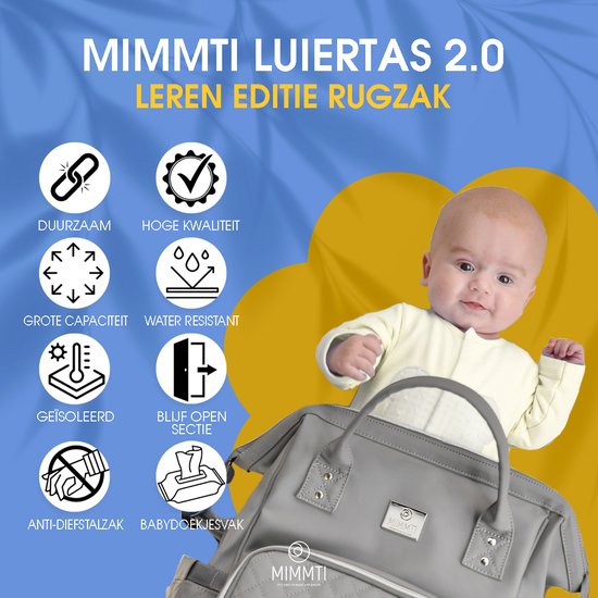 MIMMTI Leren Luiertas Rugzak 2.0 met Verschoonmatje - Grijs - leer - Inclusief flessenwarmhouder - kinderwagenhaken en isoleervak - All in One Bag van Mi — afbeelding 5