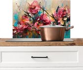 KitchenYeah® Spatscherm keuken 70x50 cm - Kookplaat achterwand - Roze bloemen abstract - Muurbeschermer hittebestendig - Spatwand fornuis - Hoogwaardig aluminium - Keukenaccessoires