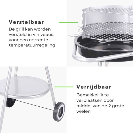 Cheqo® Luxe Houtskoolbarbecue - Barbecue - BBQ Verrijdbaar - 4 Kookhoogtes - Grillrooster ø42.5 cm - Met Windscherm - 2 Grillhandvaten - 4.2 kg van Cheqo — afbeelding 4
