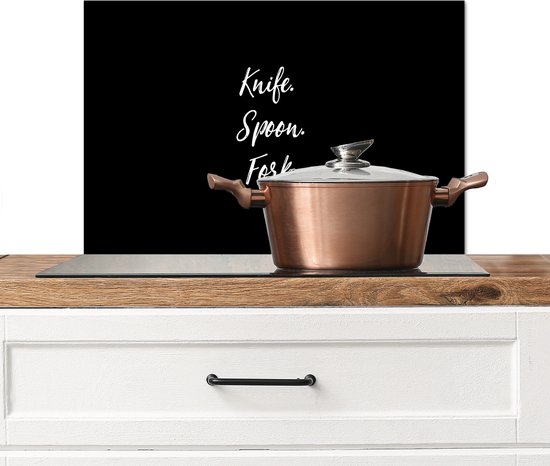 Foto: Spatscherm keuken 70x50 cm kookplaat achterwand knife spoon fork keuken bestek quotes spreuken muurbeschermer spatwand fornuis hoogwaardig aluminium