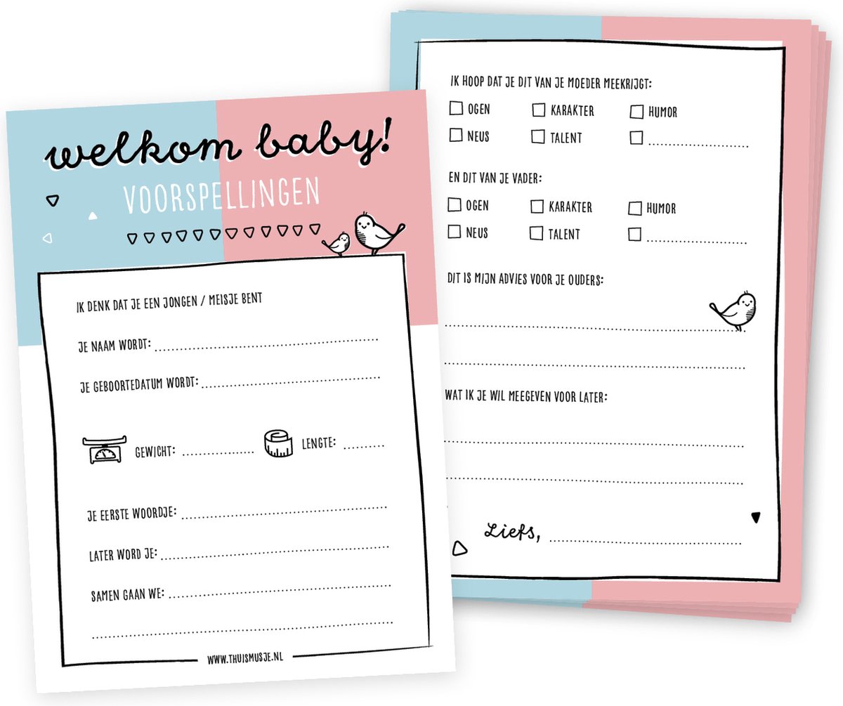Thuismusje Babyshower invulkaarten - 20 stuks - Blauw Roze - Jongen of meisje