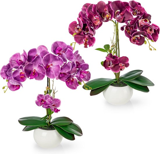 Set van 2 kunstorchideeën in keramische potten met hoogglans (40 cm) | kunstbloemen in pot | kunstbloemen als echt | kunstorchideeën in pot | kunstbloemen in pot | kunstbloemen orchidee