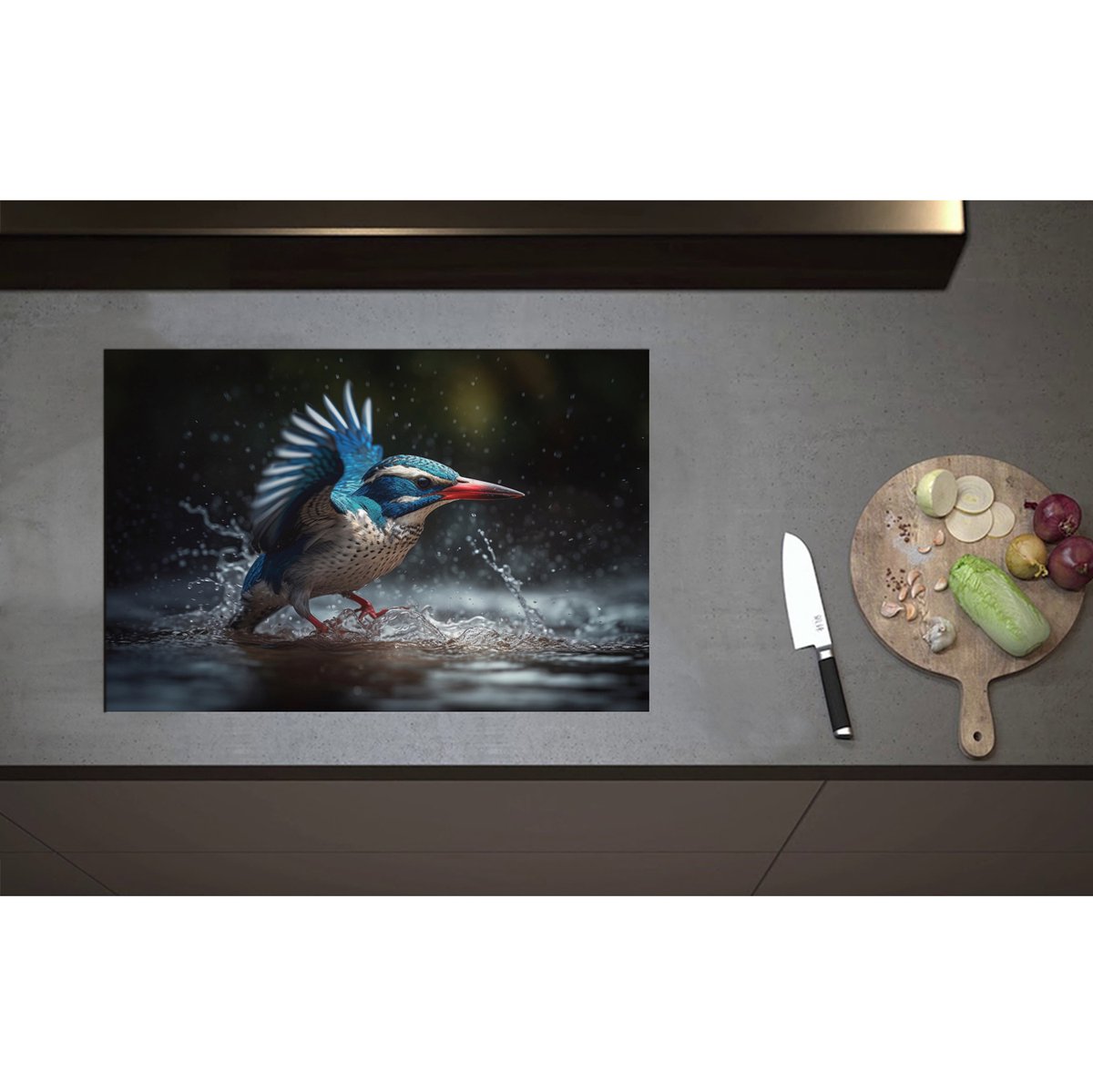 Inductieplaat Beschermer - Blauw - Witte Vogel in Waterplas - 75x50 cm - 2 mm Dik - Inductie Beschermer - Bescherming Inductiekookplaat - Kookplaat Beschermer van Zwart Vinyl