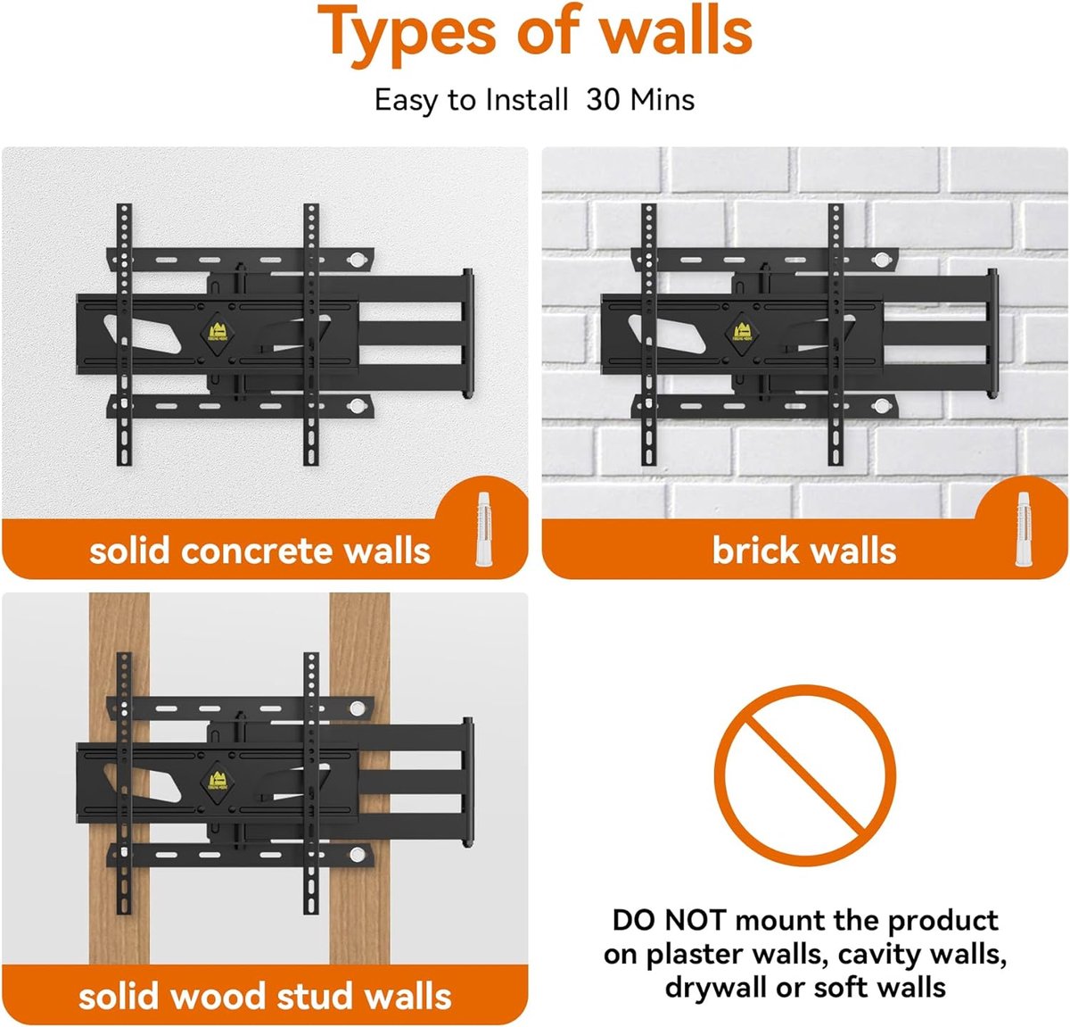 WHYFONE Support Mural TV Longue Portée 109cm,Support TV Mural Avec Double Bras Articulé,Support