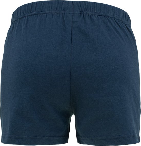 Achterkant van een effen donkerblauwe boxer met elastische tailleband.