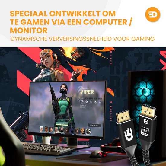 Gaming pc setup met twee monitoren. Een gamekarakter 'Viper' op het scherm. Kabels zichtbaar.