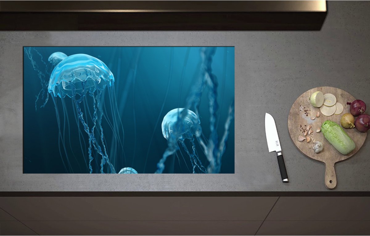 Inductieplaat Beschermer - Blauwe kwallen zwemmen door de zee heen - 85x52 cm - 2 mm Dik - Inductie Beschermer - Bescherming Inductiekookplaat - Kookplaat Beschermer van Zwart Vinyl