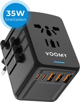 Voomy Universele Reisstekker 35W Snellader - Wereldstekker voor 170+ landen - 2 USB C & 3 USB A Poorten - Travel Adapter: Amerika (USA), Engeland (UK), Australië, Zuid Amerika, Afrika, Italië, Thailand - Zwart