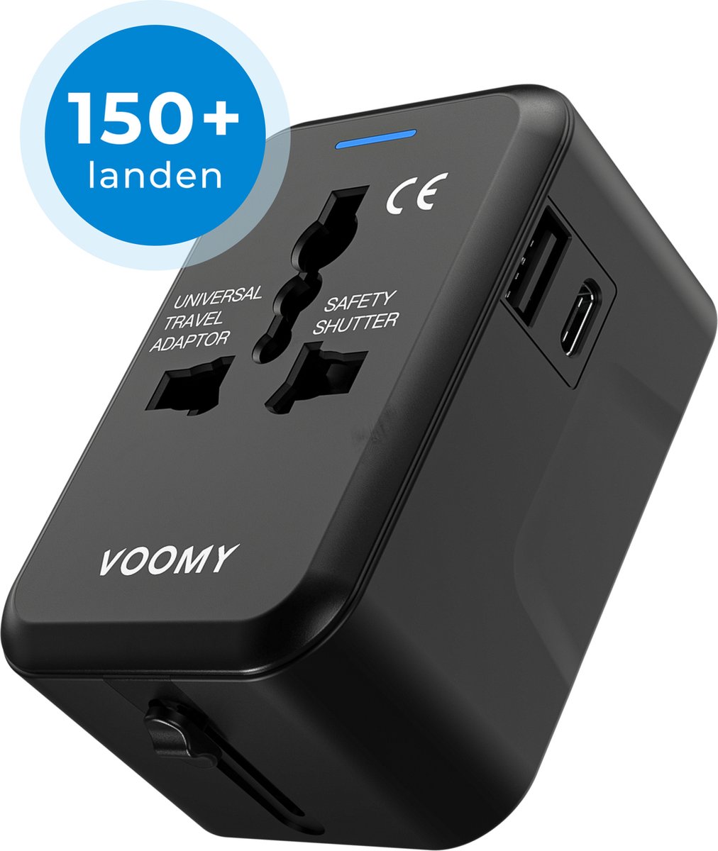 Voomy Universele Reisstekker - Wereldstekker voor 150+ landen - 1 USB C poort, 1 USB A Poort & 1 Stekker Ingang - Travel Adapter: Amerika (USA), Engeland (UK), Australië, Zuid Amerika, Afrika, Italië, Thailand - Zwart op Prijzenvolger.com