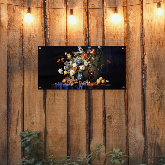Affiche de jardin Fleurs - Fruits - Nature morte - Hollandais - 80x40 cm - Décoration murale extérieure - Affiche de jardin - Toile de jardin - Affiche clôture - Peinture de jardin