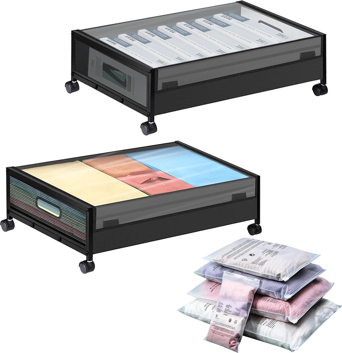 Set van 2 opbergdozen onder het bed, opbergdozen met deksels, ladekast onder het bed op wielen, met ritssluiting, reistas, opbergruimte voor speelgoed, kleding, schoenen, boeken