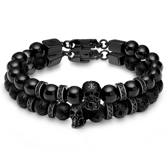 Rico Zwarte Schedelarmbanden van Lavasteen en Onyx