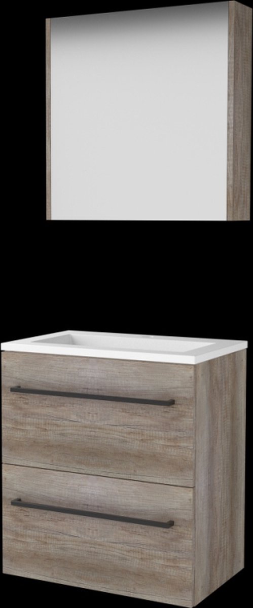 Basic Comfort 39 badmeubelset met spiegelkast, wastafelonderkast met grepen, 2 lades en acryl wastafel met 1 kraangat 60 x 39 cm, scotch oak
