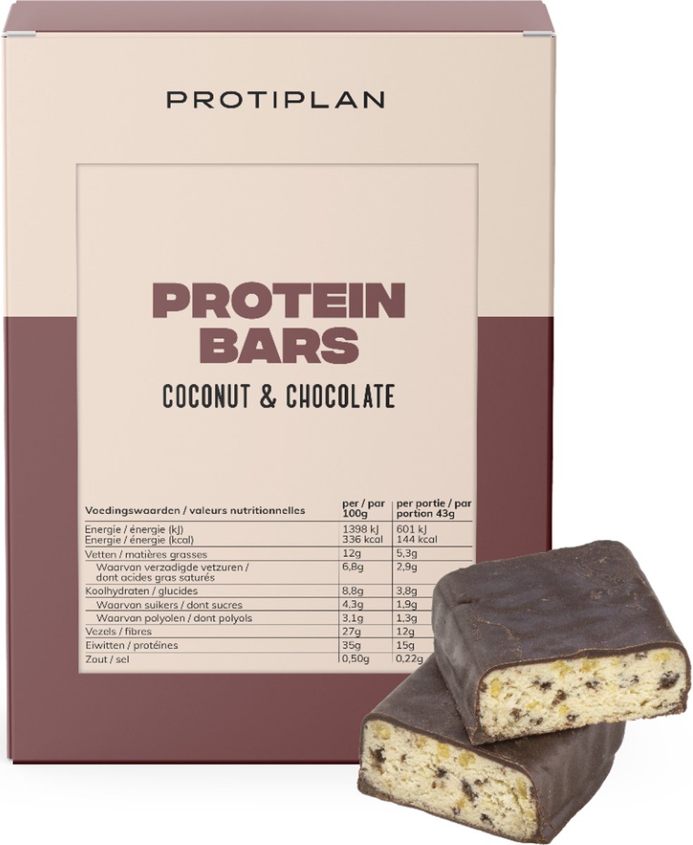 Goedkoopste Protiplan | Reep Kokos Chocolade | 7 x 43 gram | Eiwitrepen | Koolhydraatarme sportvoeding | Afslanken met Proteïne repen