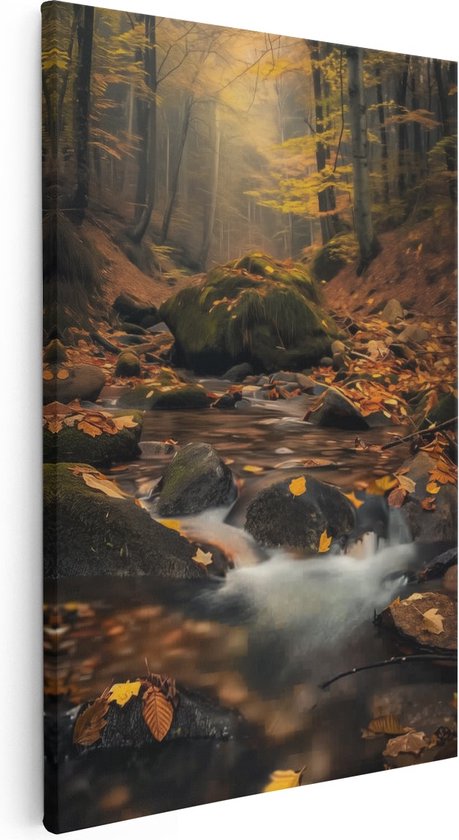 Canvas schilderij, zijaanzicht, van een herfstbos met een kreek, rotsen en bladeren.