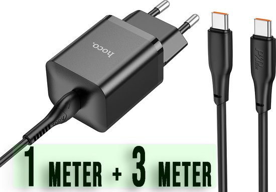 Hoco Oplader Geschikt voor Samsung Galaxy A15 - Type C Kabel (3+1 Meter) & Stekker (N27) - USB C Snel Lader 20W - Zwart - Ook geschikt voor Samsung/iPhone/A25/A35/A55/A13/A53/15/Pro/Plus/FE/Max/Ultra