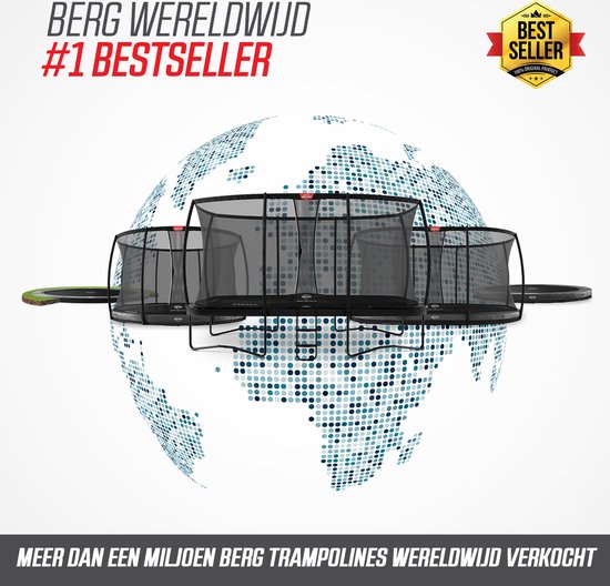 Illustratie van meerdere BERG trampolines op een wereldbol. Tekst: "BERG Wereldwijd #1 Bestseller. Meer dan een miljoen BERG trampolines wereldwijd verkocht."