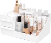 Witte cosmetica-organizer met 2 schuifladen, organizer, make-up met meerdere vakken voor huidverzorging, lotions, nagellak, badkamer, commode en kaptafel organizer