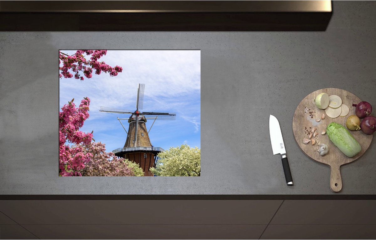 Inductieplaat Beschermer - Bloesembomen voor Traditione Molen in Nederland - 57x51 cm - 2 mm Dik - Inductie Beschermer - Bescherming Inductiekookplaat - Kookplaat Beschermer van Wit Vinyl