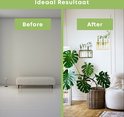 Vergelijking van een lege muur met een decoratieve muur met een plantenhouder, grote plant en een bank.